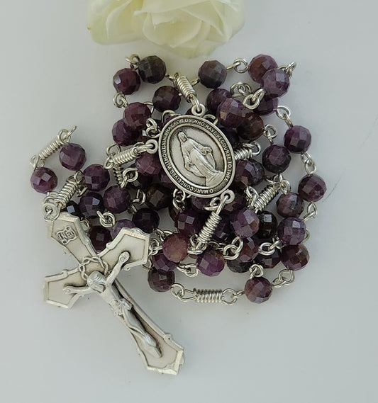 Purple ruby beads with sterling silver cross and crucifix rosary