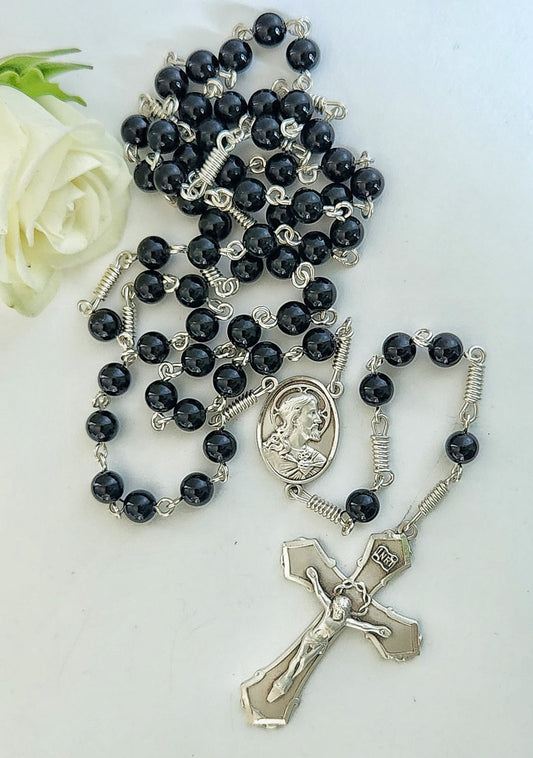 Black beads with sterling silver cross and crucifix rosary