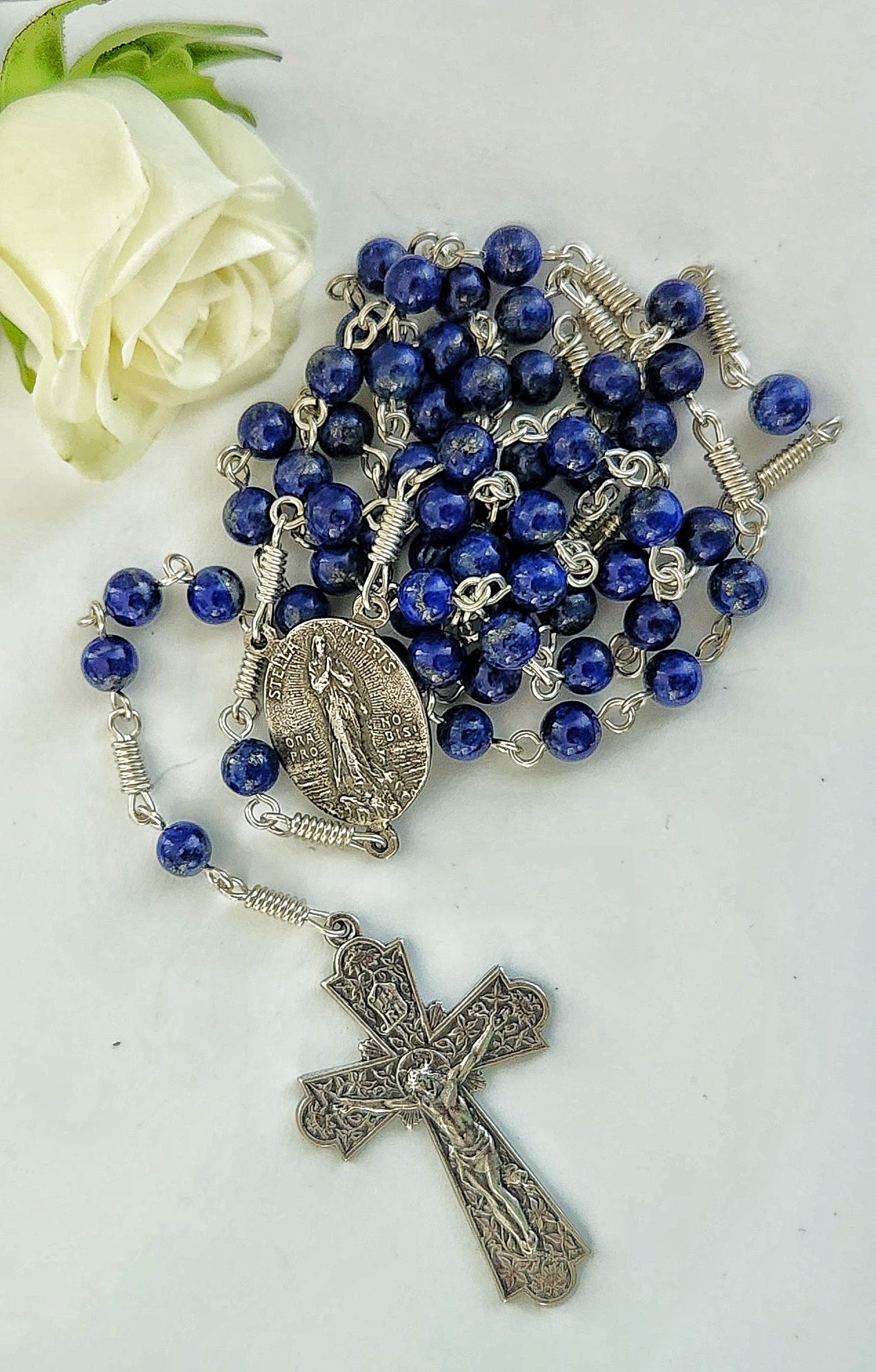 Blue beads with sterling silver cross and crucifix rosary