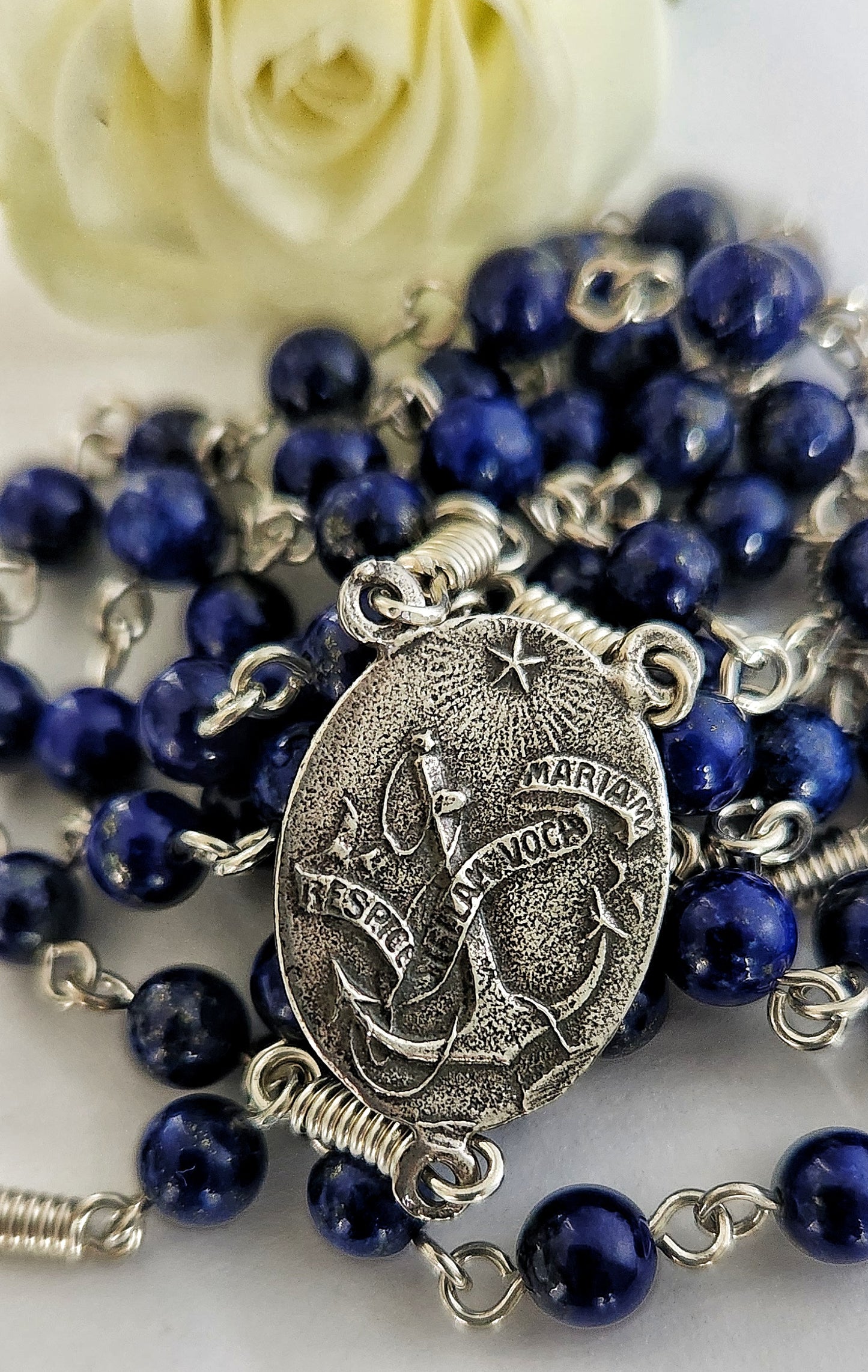 Blue beads with sterling silver cross and crucifix rosary