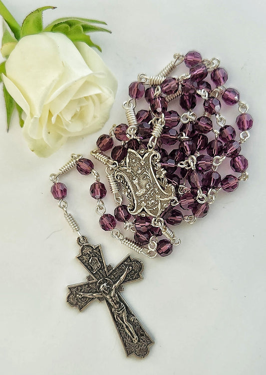 Purple amethyst beads with sterling silver cross and crucifix rosary