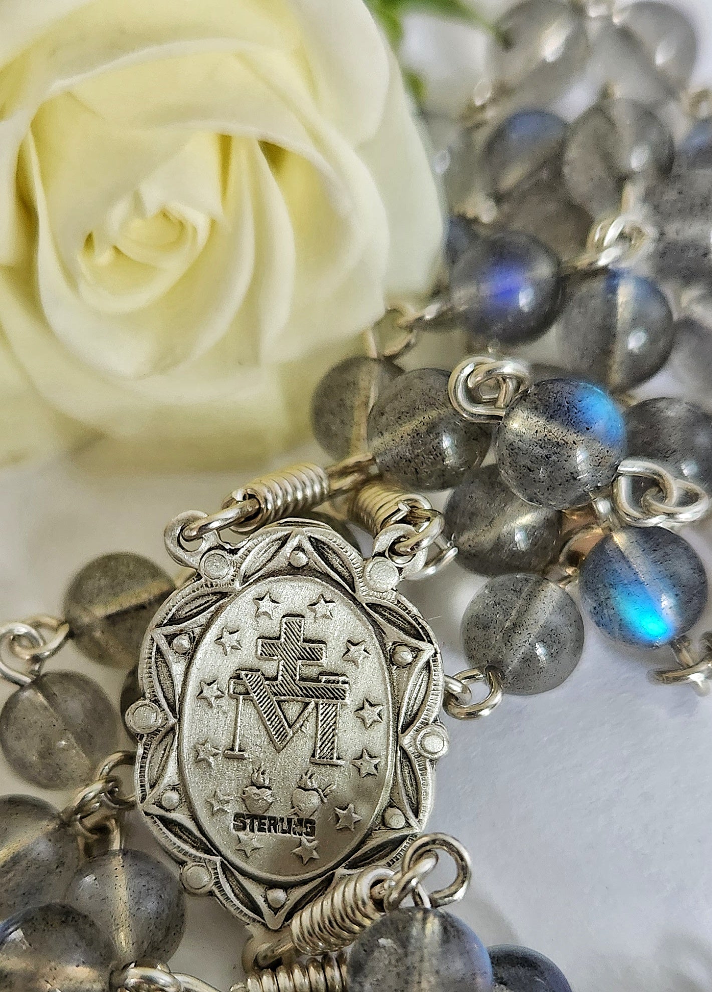 Translucent labradorite beads with sterling silver cross and crucifix rosary