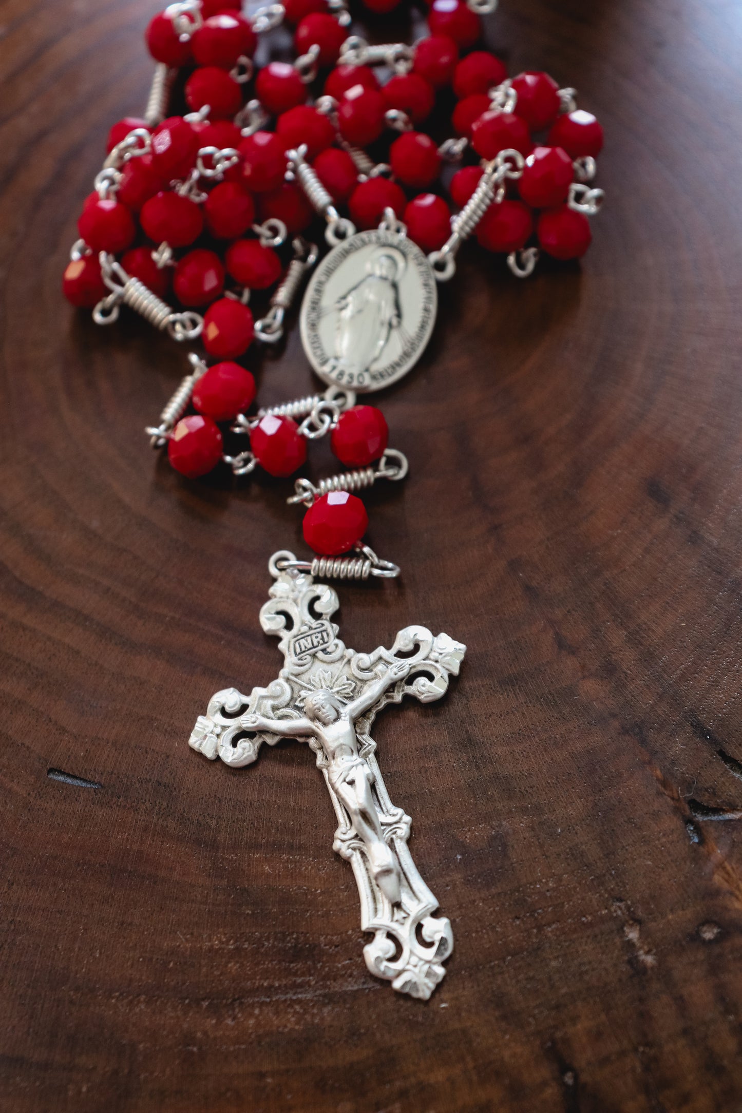 Red Glass Bead Miraculous Medal Rosary