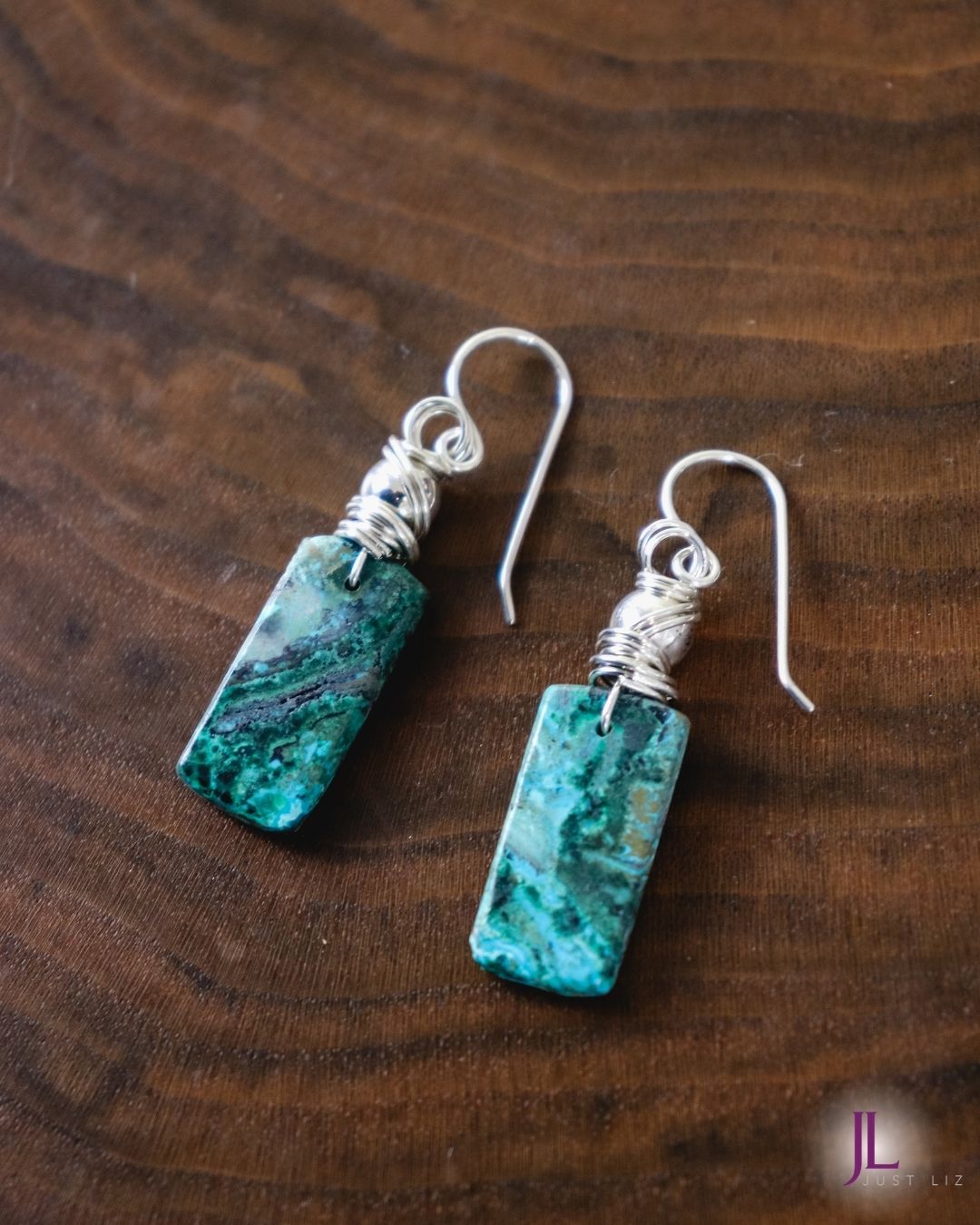 Chrysocolla Green Stone & Sterling Silver Fishhook Earrings