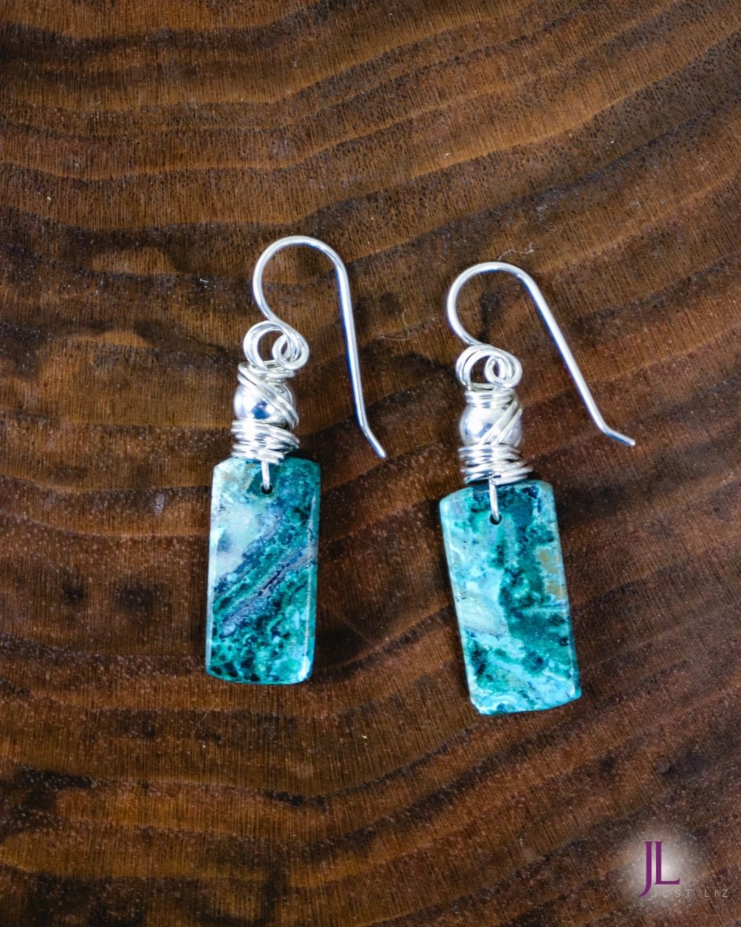 Chrysocolla Green Stone & Sterling Silver Fishhook Earrings