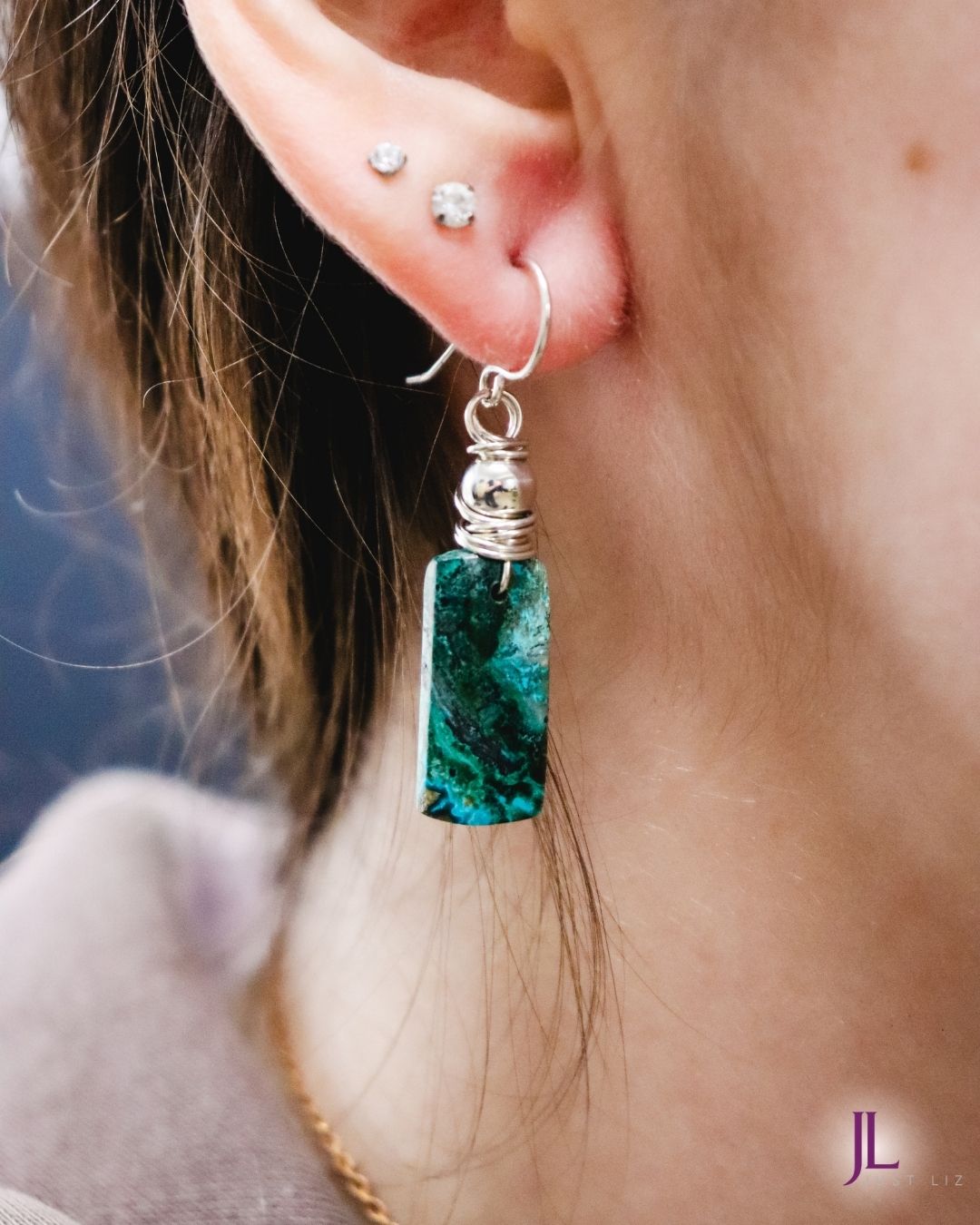 Chrysocolla Green Stone & Sterling Silver Fishhook Earrings