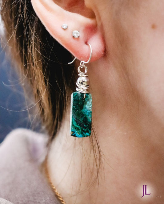 Chrysocolla Green Stone & Sterling Silver Fishhook Earrings