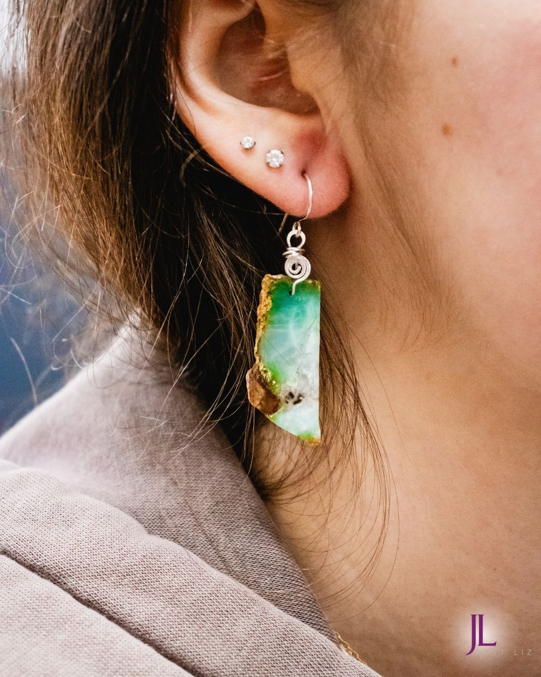 Green Natural Stone Fishhook Earrings