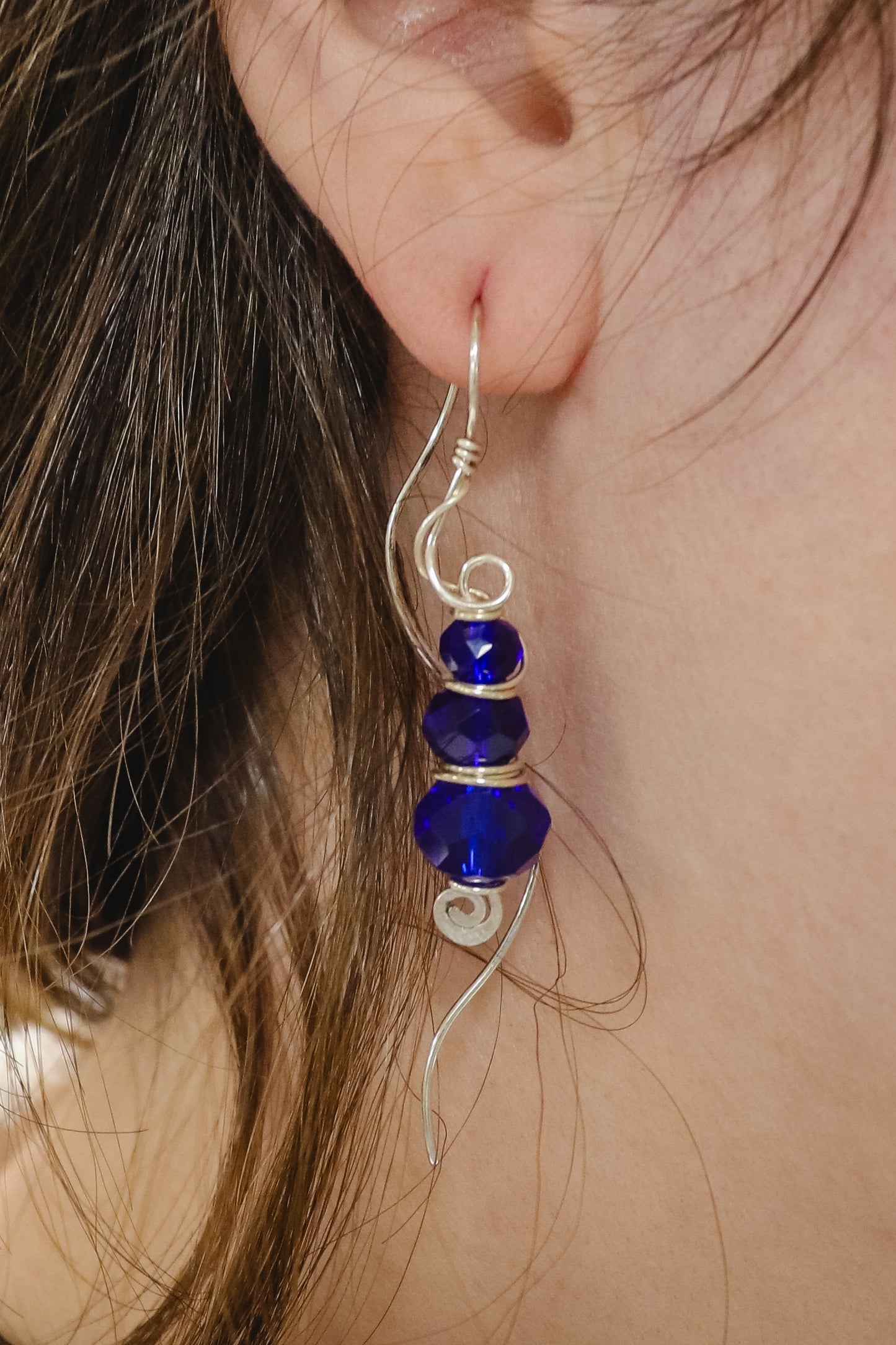 Sterling Silver Blue Glass Long Dangle Earrings