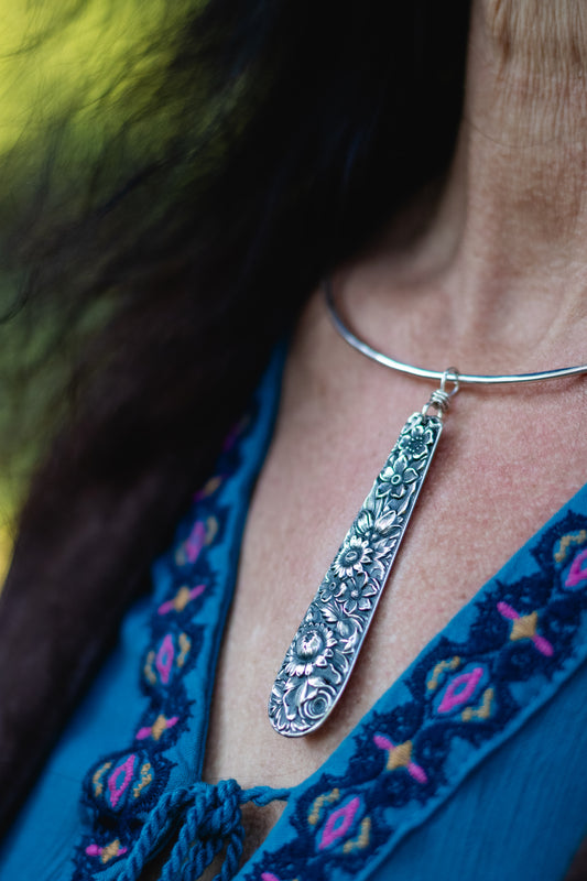 Floral Silver Spoon Pendant Necklace (Repousse Pattern, One of a Kind)