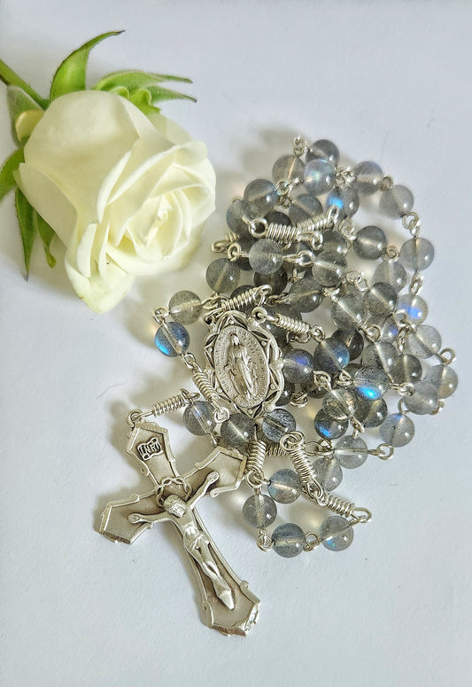 Translucent labradorite beads with sterling silver cross and crucifix rosary