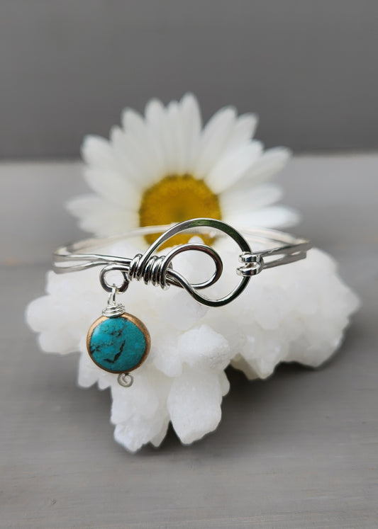 Sterling Silver Wire Wrapped Loop Clasp Bracelet with Turquoise Charm