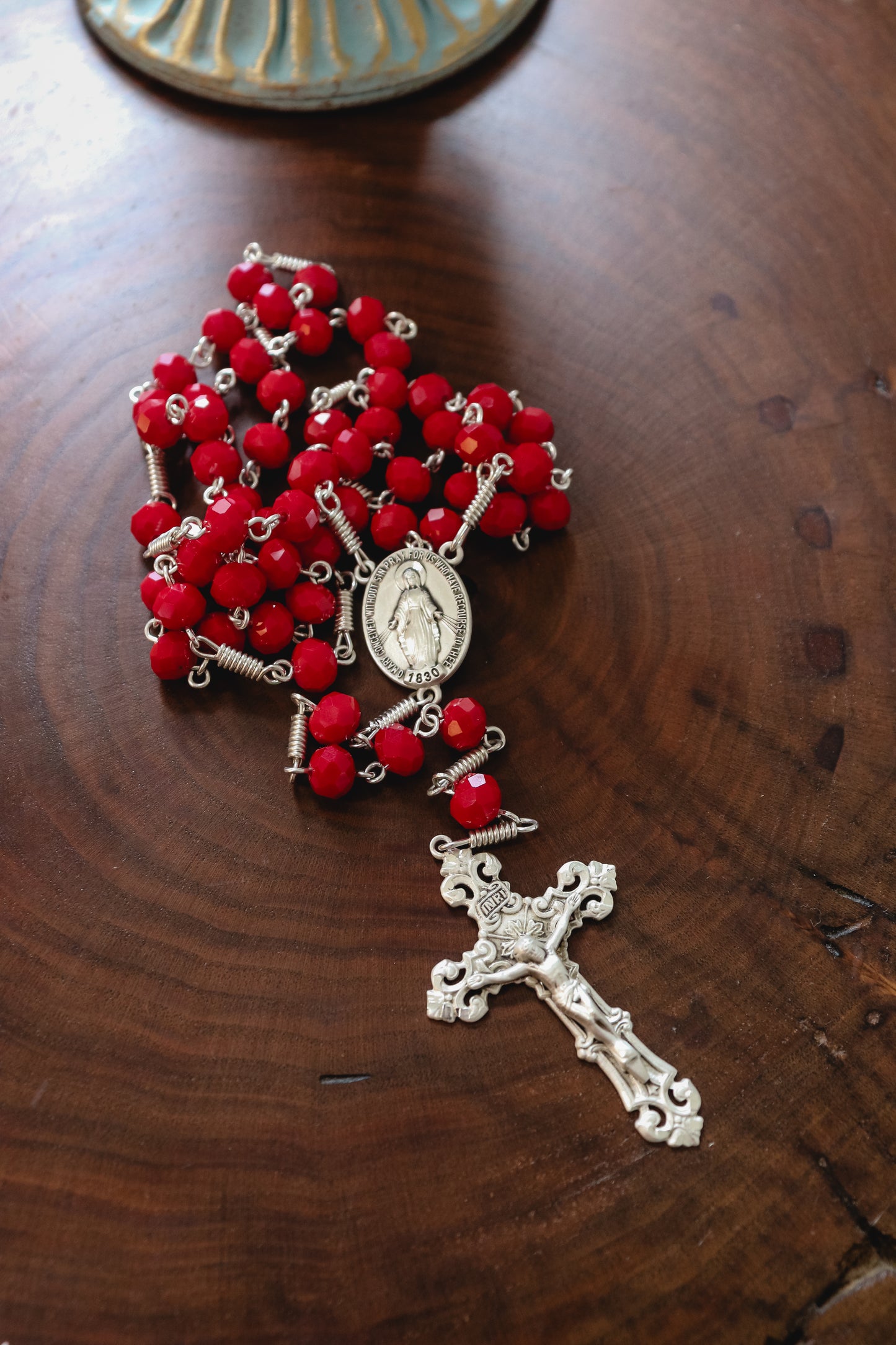 Red Glass Bead Miraculous Medal Rosary