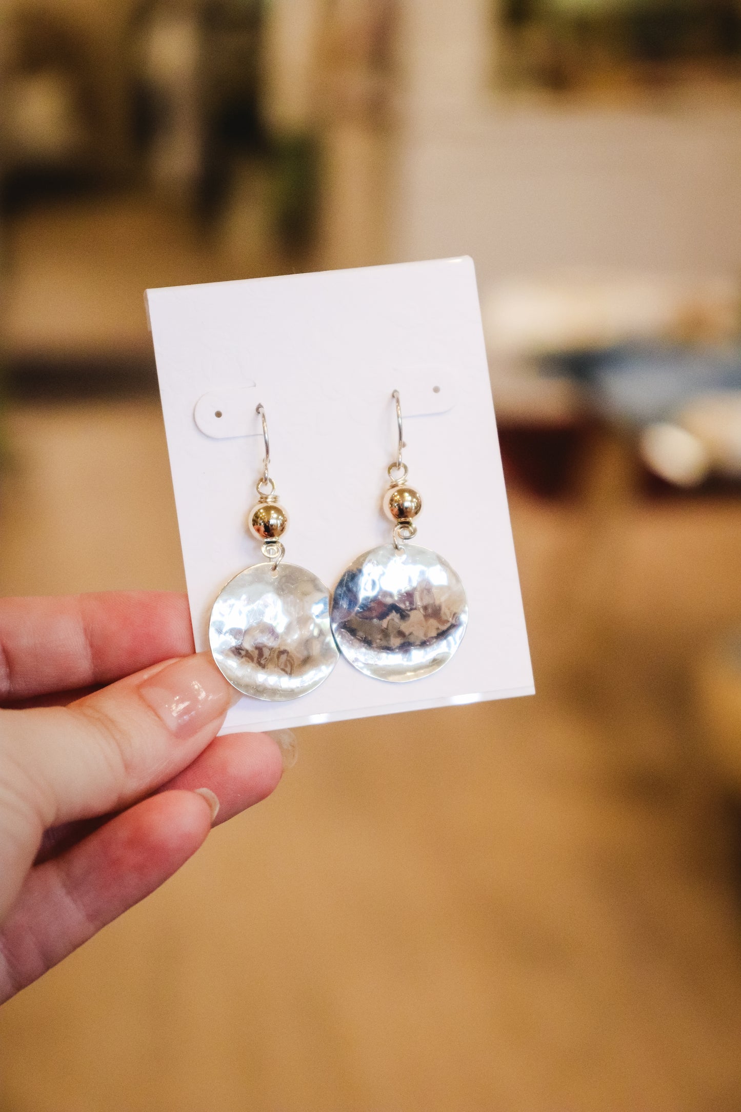 Sterling Silver Hammered Disc Dangle Earrings with Gold Bead