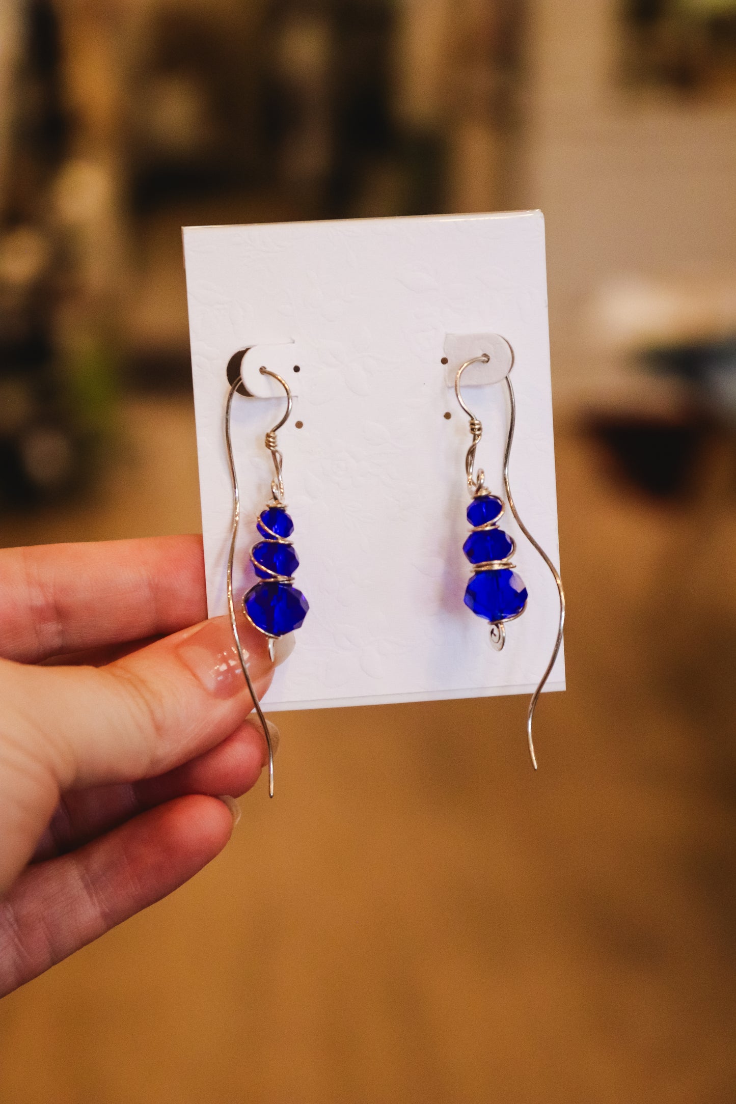 Sterling Silver Wire Wrapped Cobalt Blue Glass Dangle Earrings