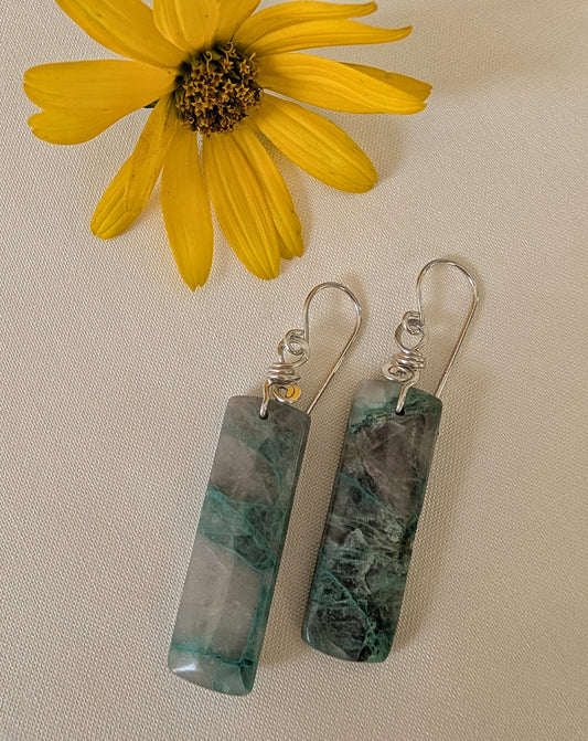 Blue & Green Agate Sterling Silver Rectangular Dangle Earrings