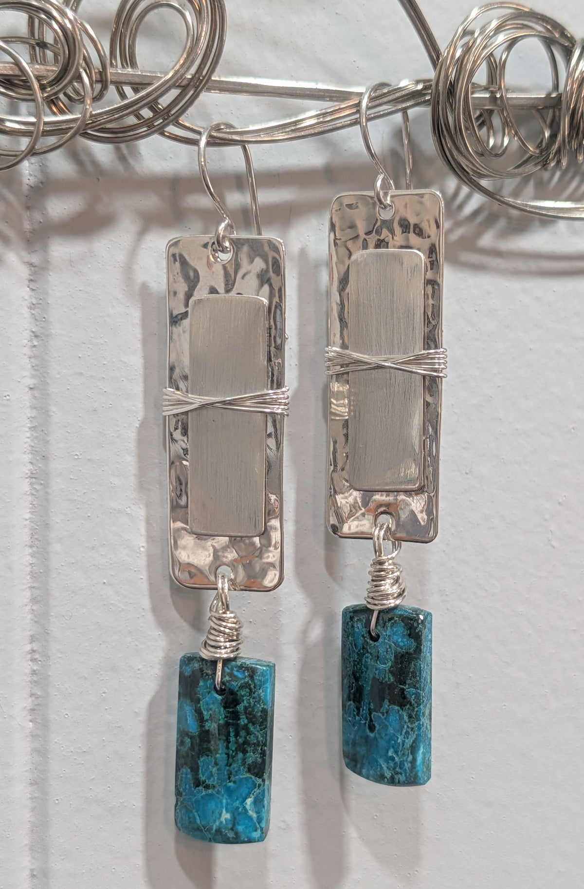 Blue & Green Chrysocolla Sterling Silver Wire-Wrapped Dangle Earrings