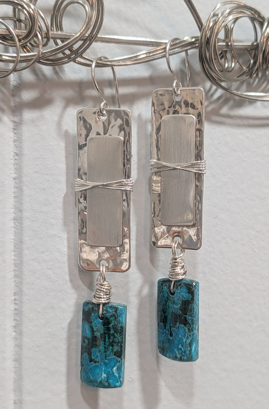 Blue & Green Chrysocolla Sterling Silver Wire-Wrapped Dangle Earrings
